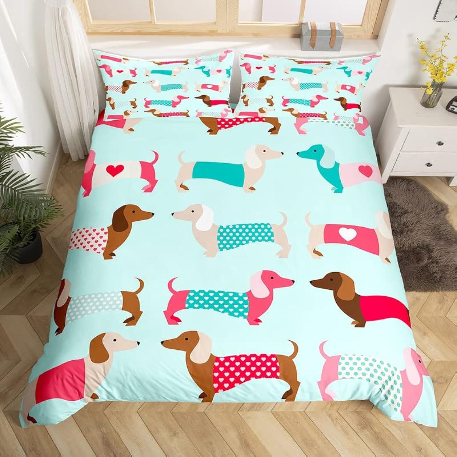 Homemissing Cartoon Dachshund Duvet Cover Sausage Dog Bedding Set for Kids Boys Girls Cartoon Dachshund Puppy Comforter Cover Kawaii Pet Bedspread Cover 3Pcs Zipper Double Size