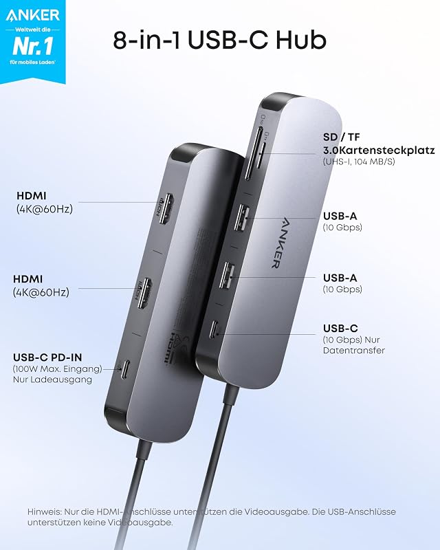 Nano 8-in-1 USB C Hub, Dual-Monitor Docking Station mit 4K@60Hz HDMI
