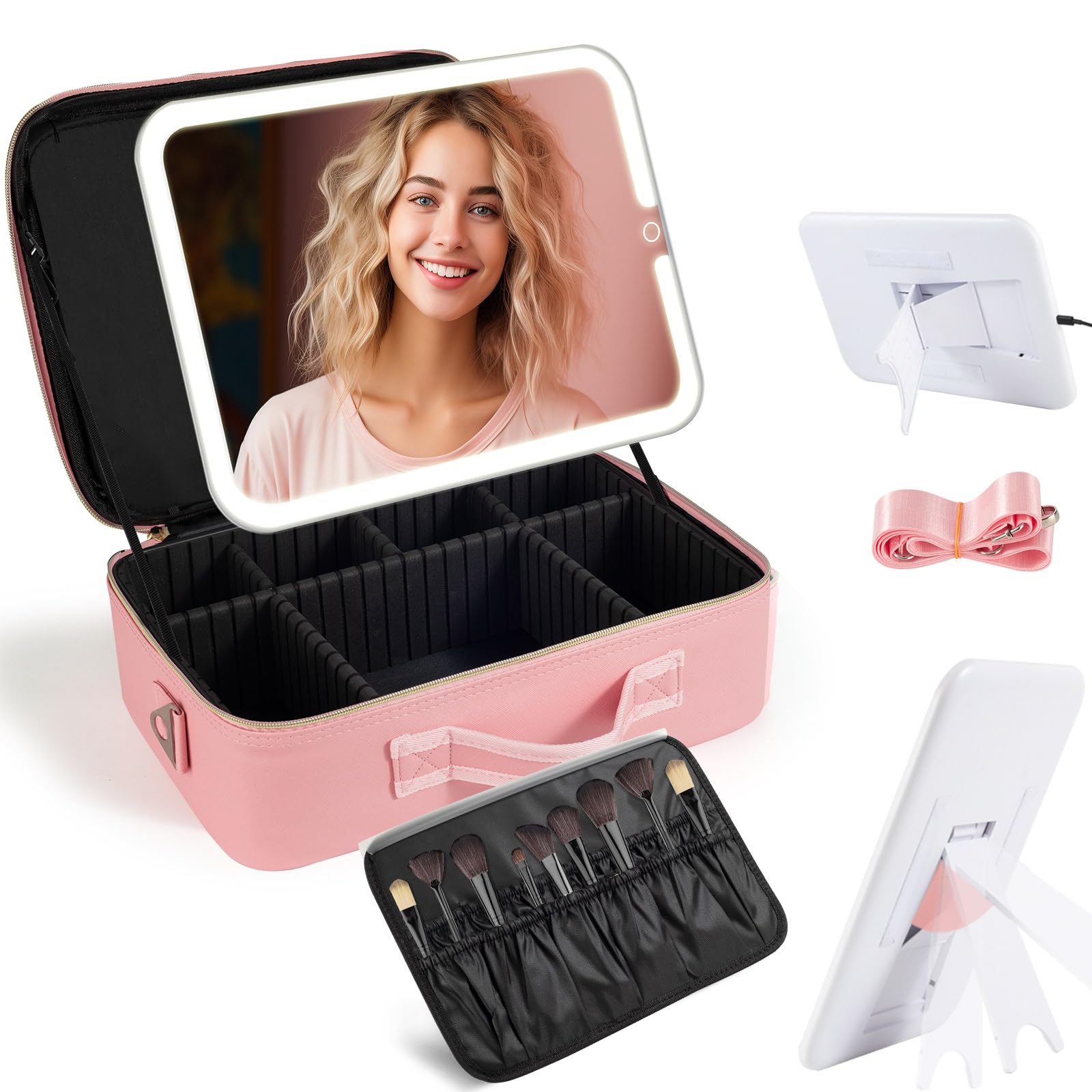 Photo 1 of saiggnyy Large Travel Makeup Bag with LED Mirror, 3-Color Stepless Dimming Stand Mirror Detachable, with Adjustable Divider, Makeup Brush Holder Storage (Pink)