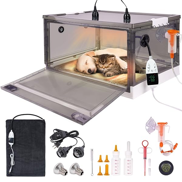 PUPPY INCUBATOR WITH HEATING AND OXYGENATOR, INCUBATOR FOR PUPPIES, KITTEN INCUBATOR, DOG INCUBATOR FOR PUPPIES, PUPPY WHELPING SUPPLIES WITH PUPPY BED MAT, TEMPERATURE AND HUMIDITY DETECTION