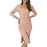 Seta T Women's Sweater Dress Square Neck Slit Hem Long Sleeve Ribbed Knit Casual Bodycon Midi Fall Dresses