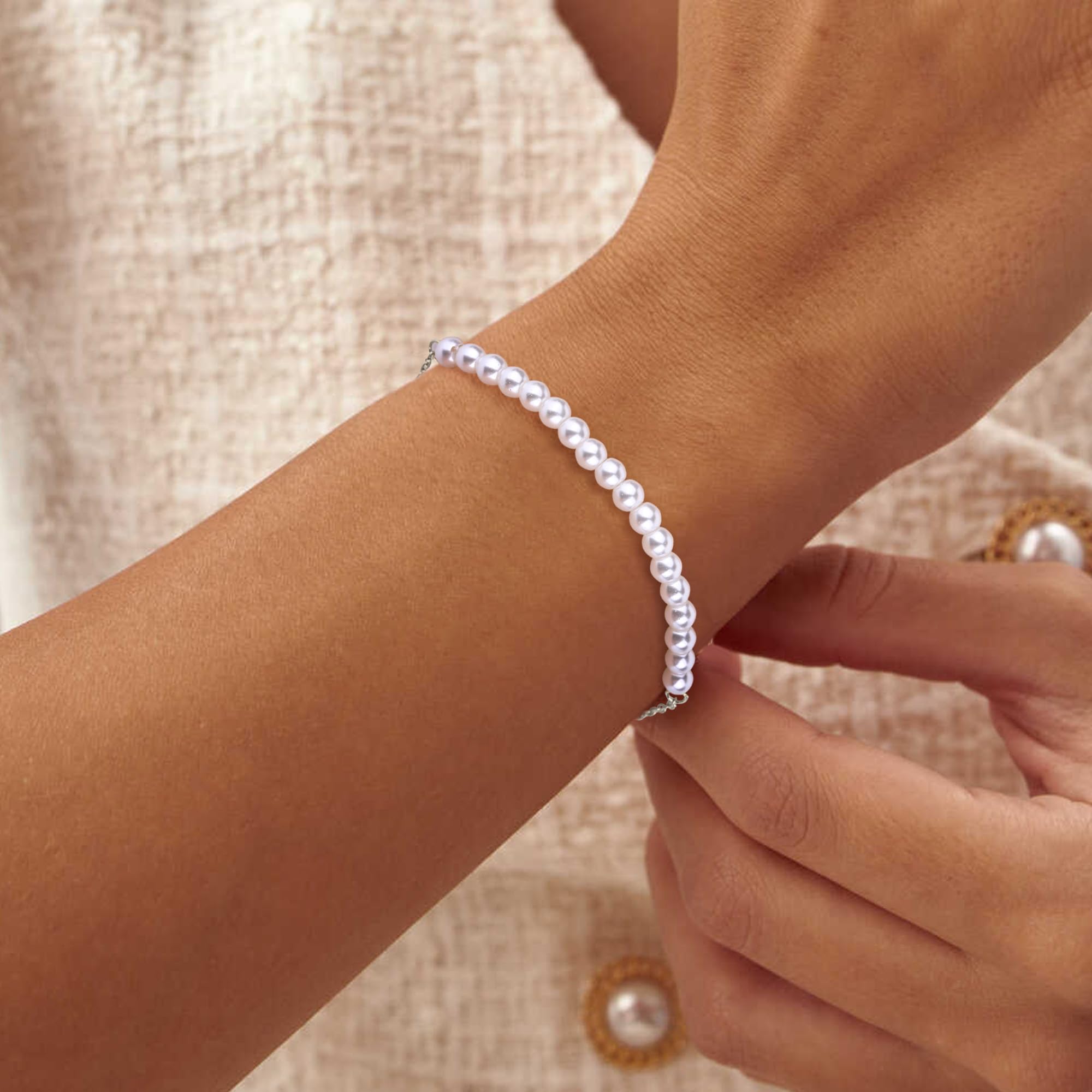 Photo 1 of 6mm Multiple Pearl Copper Dainty Chain Bracelet for Women Trendy Layered Jewelry with Charm Design Perfect for Everyday Wear Elegant Accessory Sliver