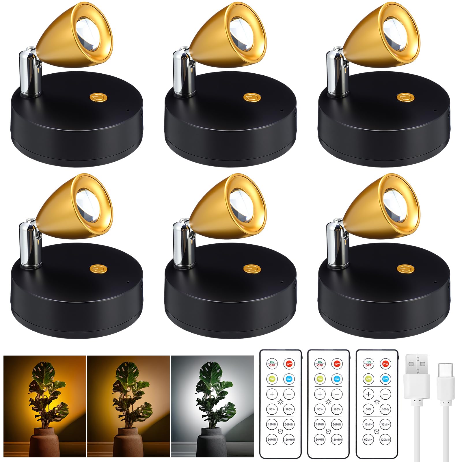 Photo 1 of Hortsun 6 Pcs Mini Rechargeable Spotlights with 3 Remote Control Indoor Plant Wireless LED Spot Lights Rotatable Dimmable Accent Picture Lights for Wall Artwork Painting Display (Gold)