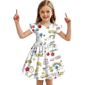 Hfolob Toddler Girls Back to School Print Dresses Pencil Flutter Sleeve Crewneck Funny Corlorable School Outfits 2-8Y