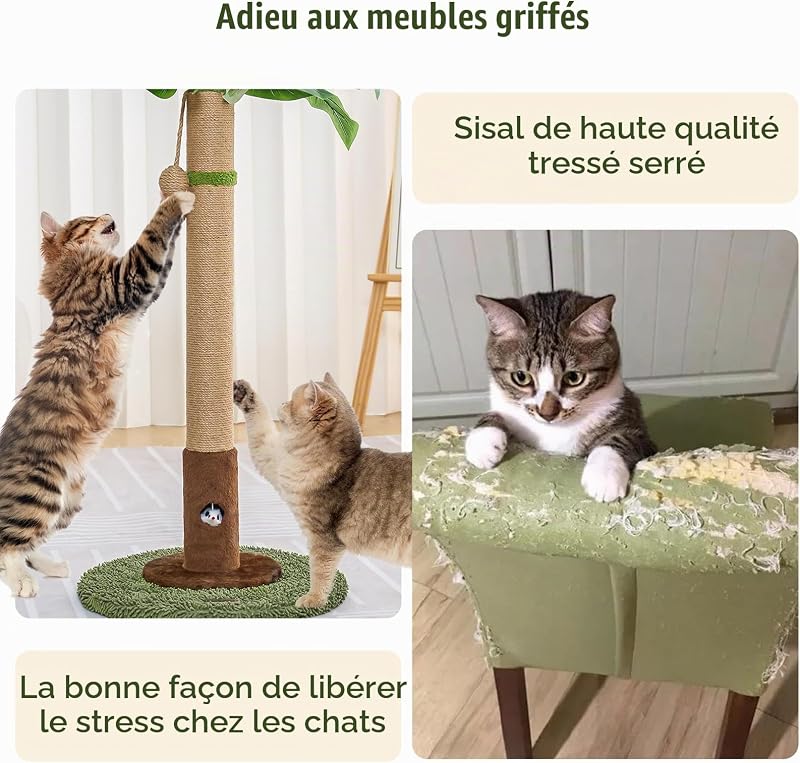 Poteau à griffer pour chat de 89 cm avec trou de rat et corde en sisal pour chat adulte et chaton, vert