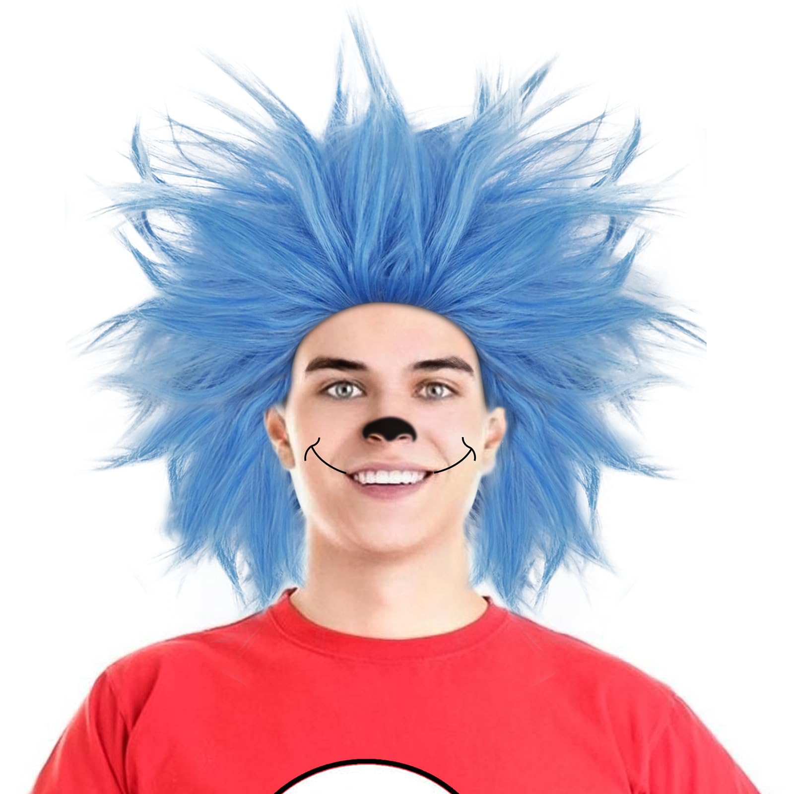 Photo 1 of ANOGOL Hair Cap+ Blue Crazy Wig, Unique Spiky Funny Wigs, Short Crazy Hair, Funky Fuzzy Wigs, Pelucas Para Payasos, Short Blue Wig for Anime Cosplay, Halloween Costume Party Outfit