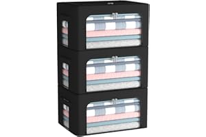 CYHOM 3Pack Foldable Storage Bins - Frame Storage Box Linen Fabric Stackable Clothes Container Organizer with Clear Window & Carry Handles Large Capacity (Small-22L, Black)