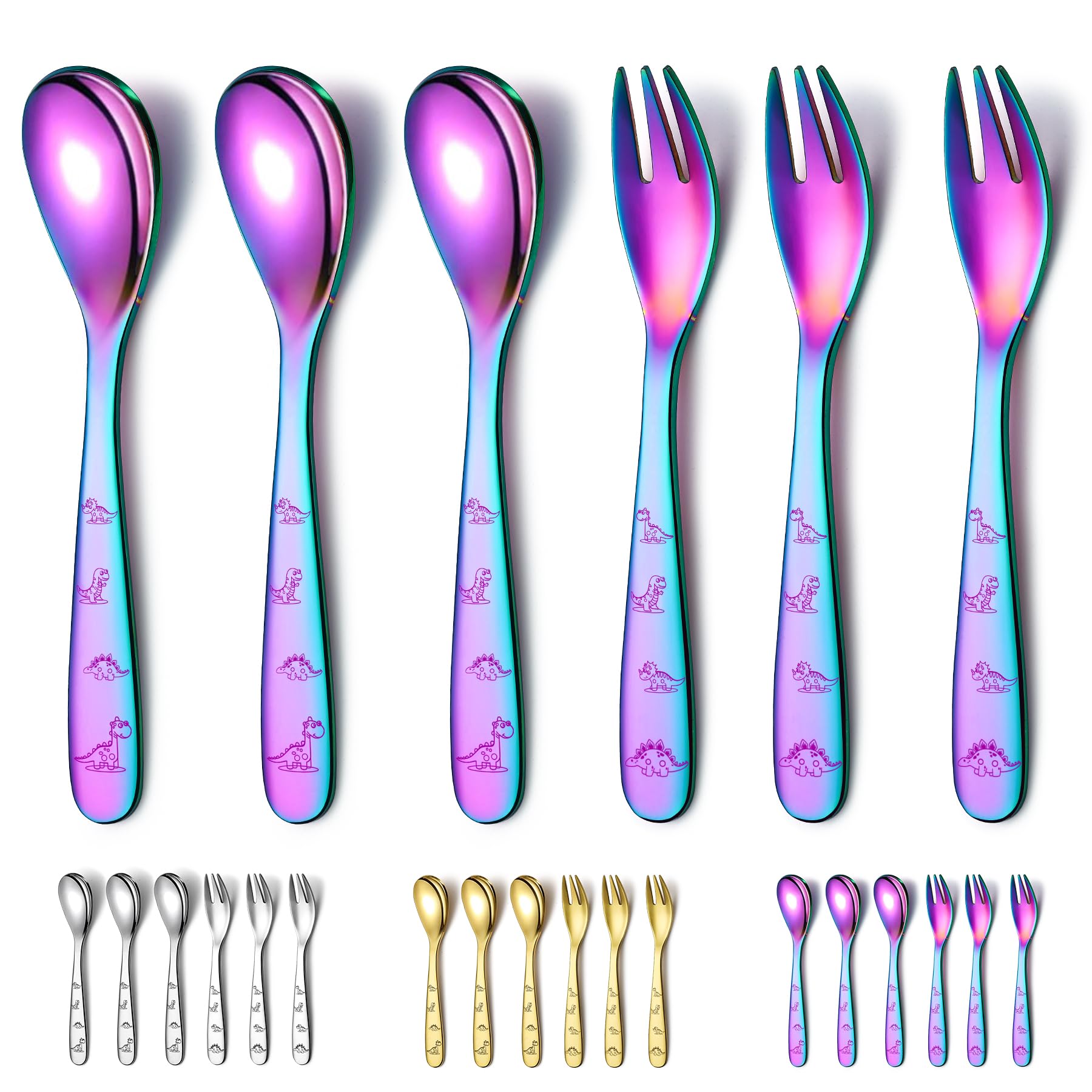 Evanda Rainbow Toddler Cutlery Set 6 Pcs, Titanium Colorful Plating Stainless Steel Kids Cutlery Set, Include Forks and Spoons, Smooth Edge Childrens Cutlery Set Dishwasher Safe