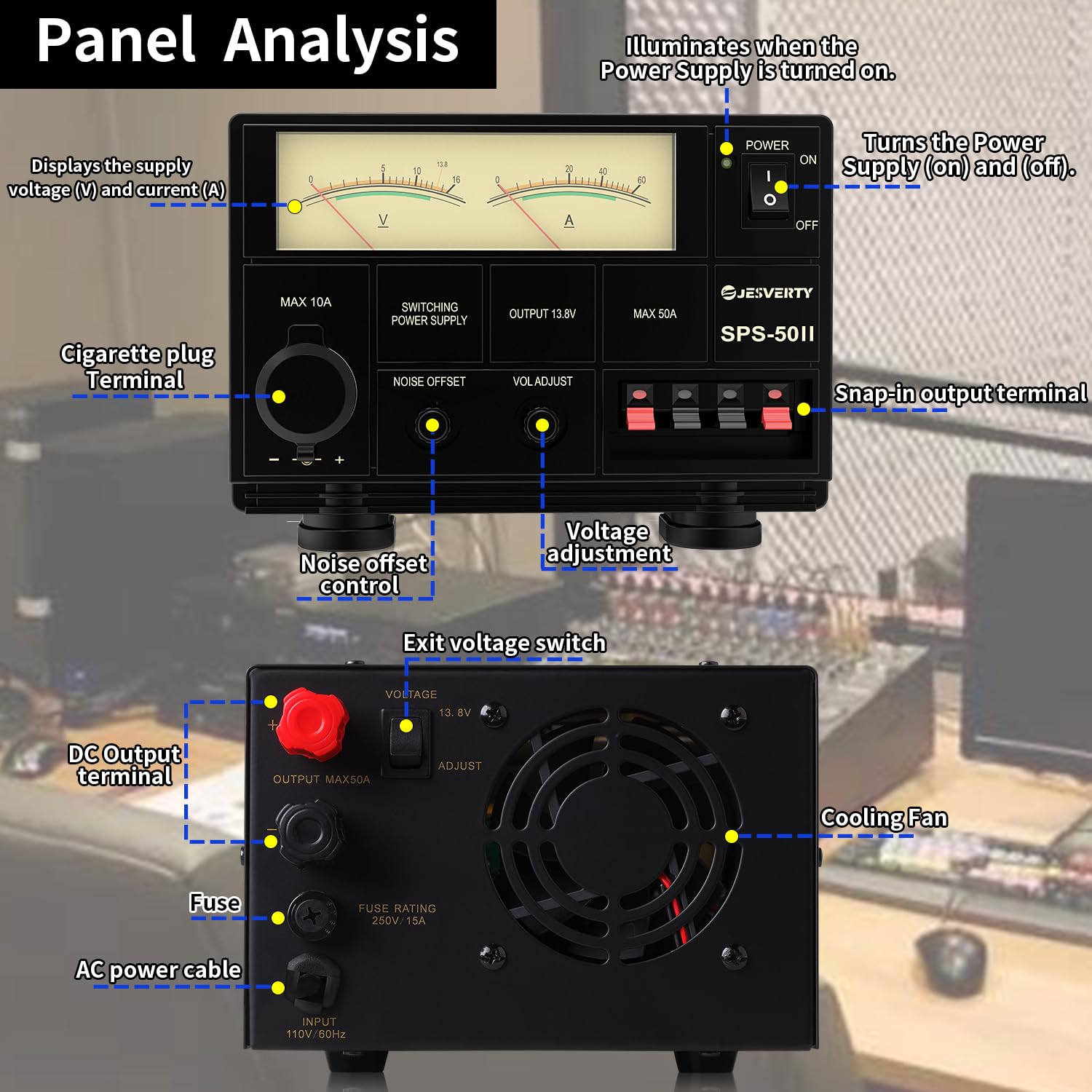 Universal Compact Bench Power Supply- 50 Amp Regulated Home Lab Benchtop AC-to-DC Converter 13.8 Volt/9-15Volt, Cooling Fan, Screw Type Terminals - Jesverty SPS-50II