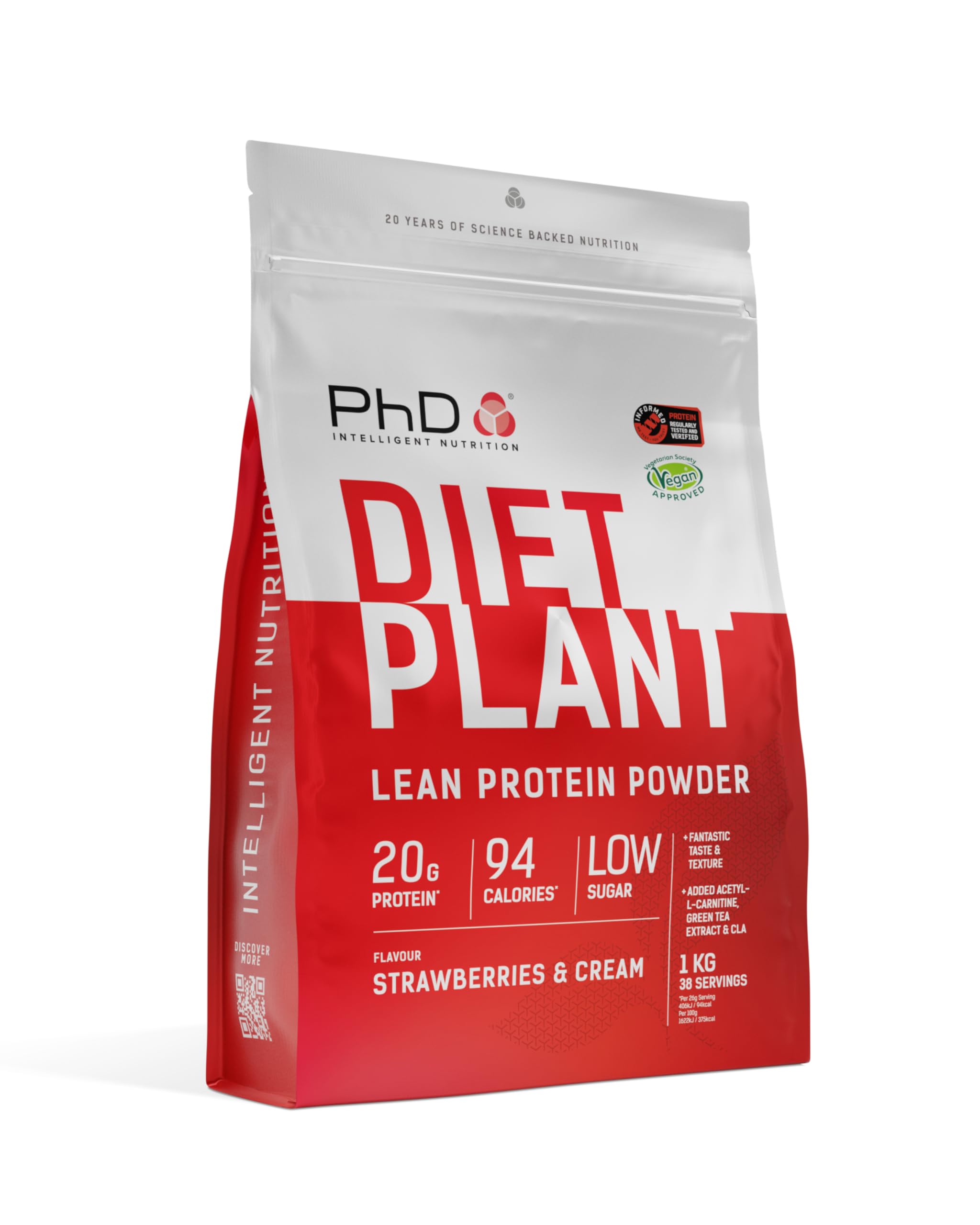 PhD Nutrition Diet Plant, Vegan Protein Powder Plant Based, Strawberries and Cream, High Plant Protein, 40 Servings Per 1 kg Bag (Packaging May Vary)