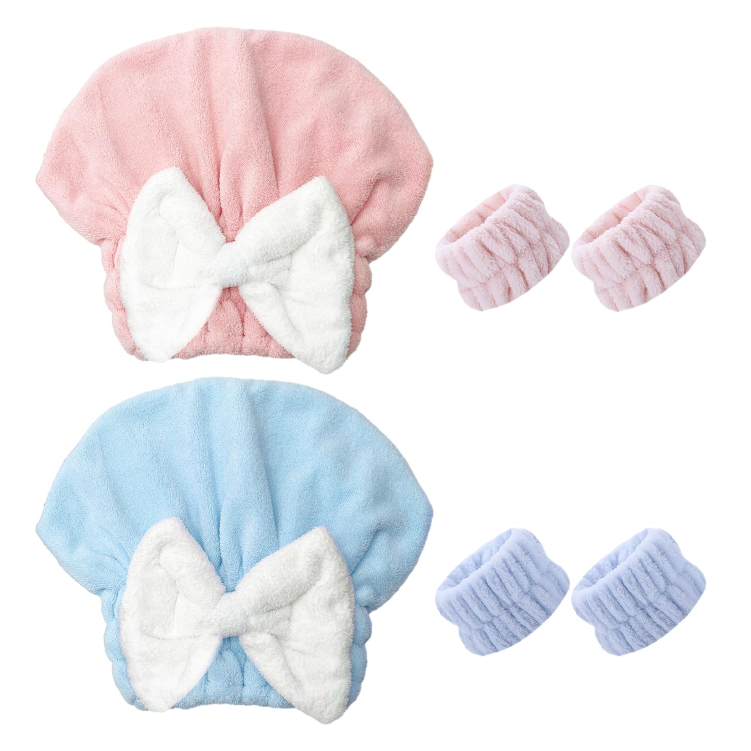 MEMOFYND 2 Pieces Bow Absorbent Wet Towel with 4 Pieces Wrist Straps, Super Absorbent Turban, Women's Quick-Drying Shower Cap, Microfiber Hair Drying Towel (Camellia Powder, Sapphire Blue)