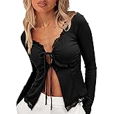 CSDAJIO Women's Lace Open Front Tie Long Sleeve Deep V Neck Crop Top Sexy Ruffle Trim Going Out T Shirt