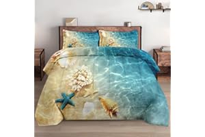 WeCozy 3 Pcs King Size Comforter Set with 2 Pillowcases, Summer Beach Sea Animal Seashell Soft Bedding Set for Kids and Adults Bedroom Bed Decor
