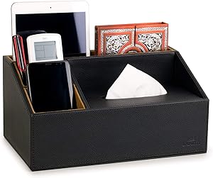 LAMOTI Leather Desk Organizer with a 4" Coaster, Large Capacity Desktop Unifier with Tissue Box Compartment, Handcrafted (Black)