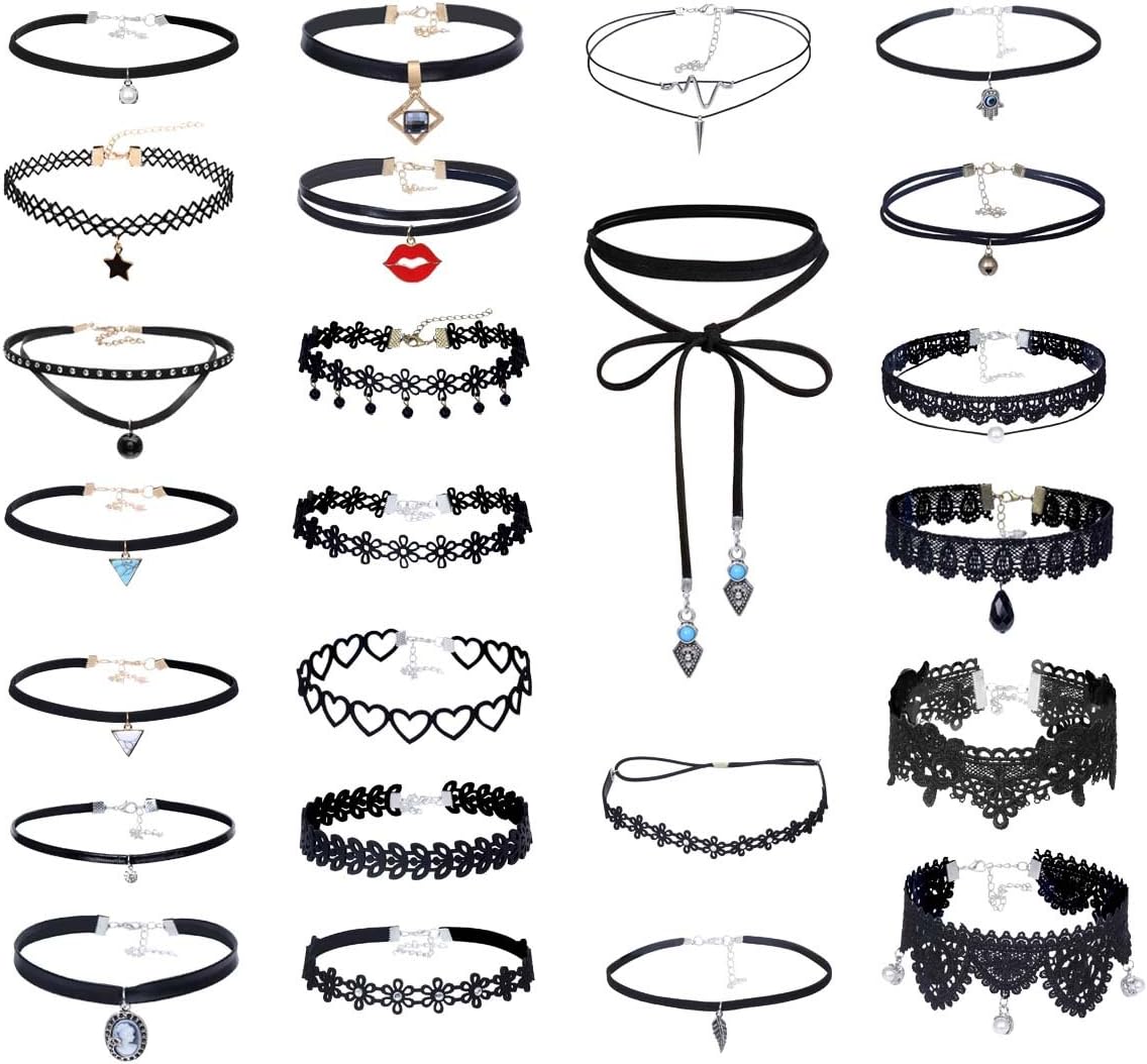 Floweralight Velvet Choker Necklace Set for Women Girls Lace Choker Tassel Classic Gothic Tattoo Chain Necklace (A - 24 pcs)