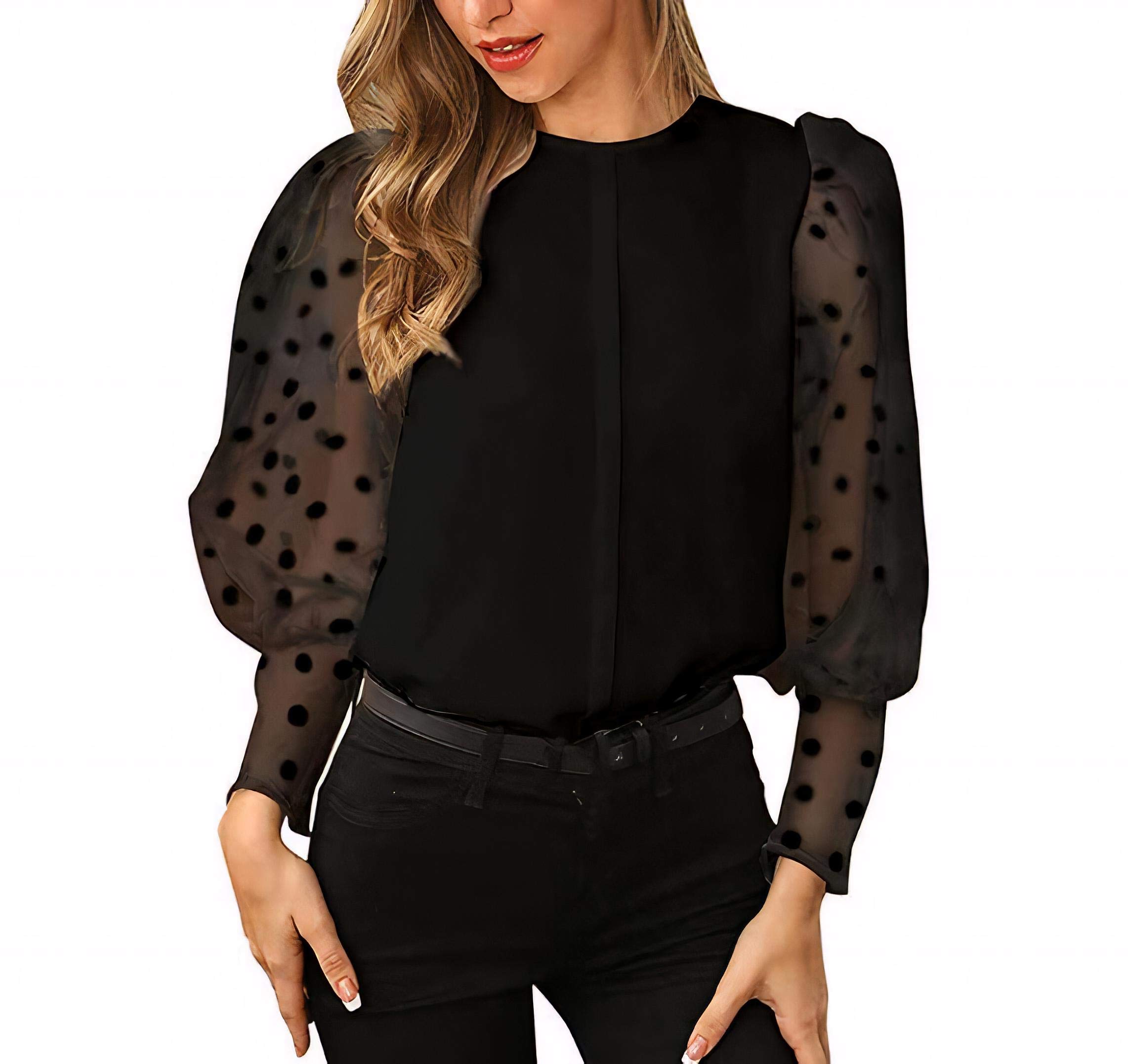 Ladies top shirt Classy 2020 Lantern Sleeve Dot Printed Mesh Sleeve Casual Loose Top Work Office T-Shirt