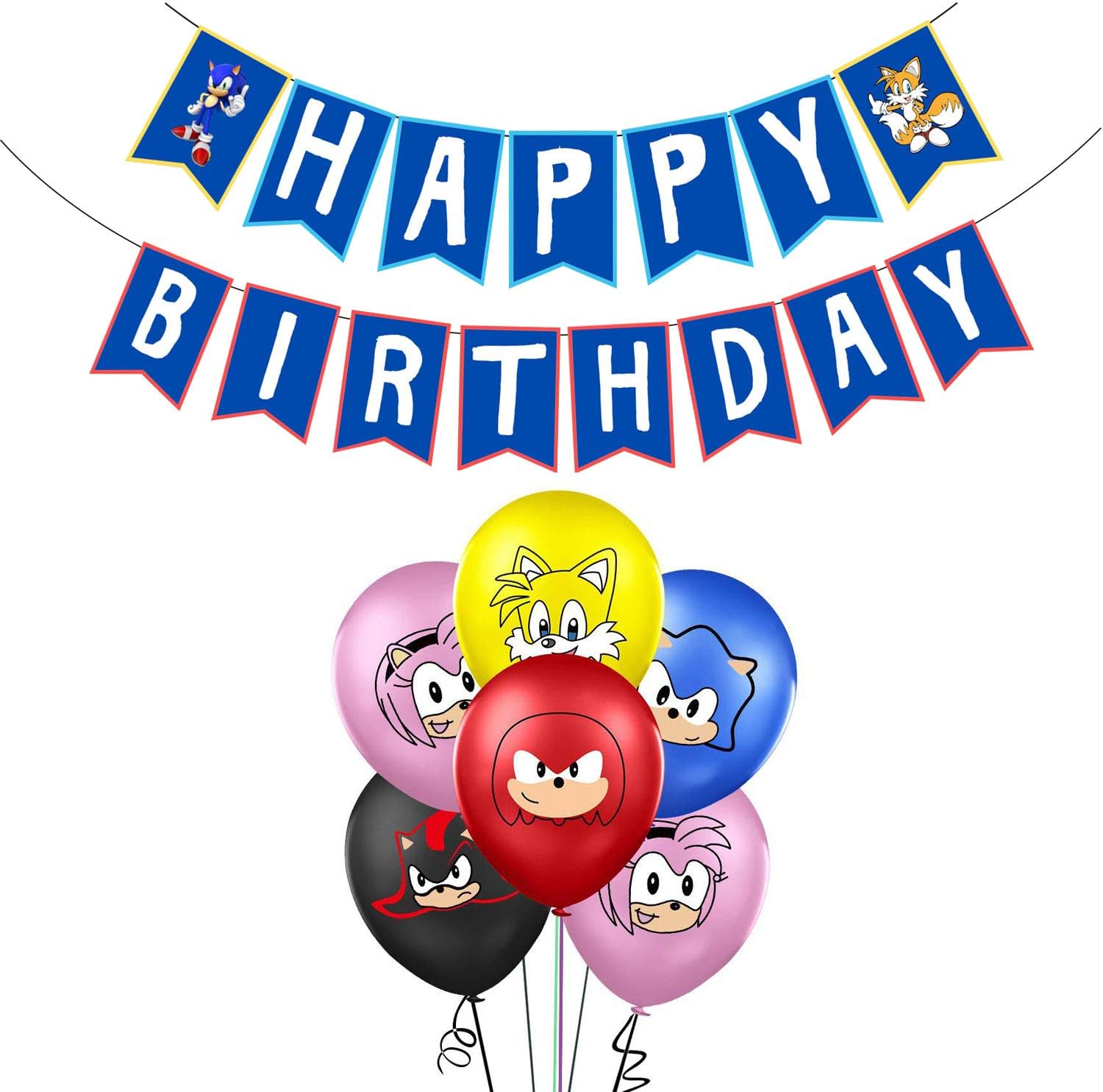 36Packs Sonic Party Supplies Happy Birthday Banner Latex Balloon for Kids Baby Shower Birthday Party Decorations Set