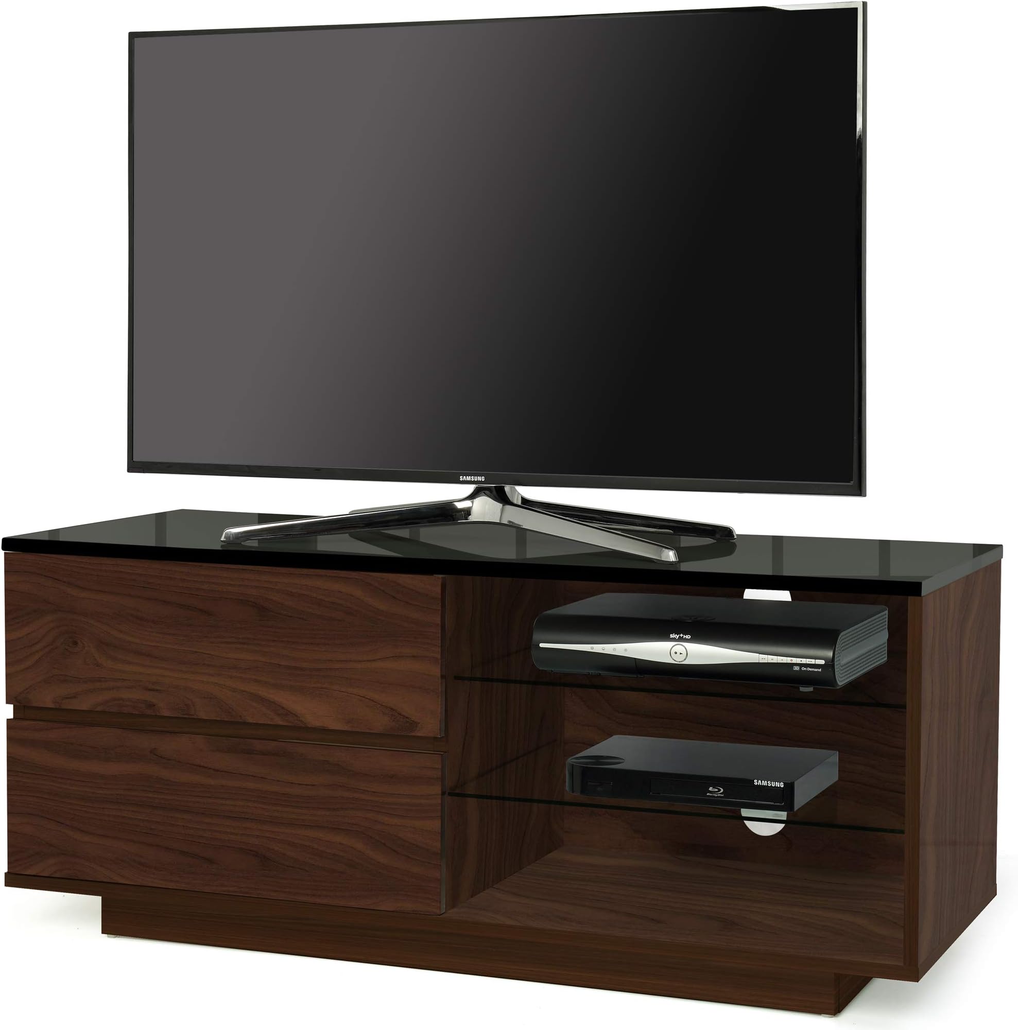 Centurion Supports Gallus Walnut with 2-Walnut Drawers with Black Top 3-Shelf 32"-65" Flat Screen TV Stand