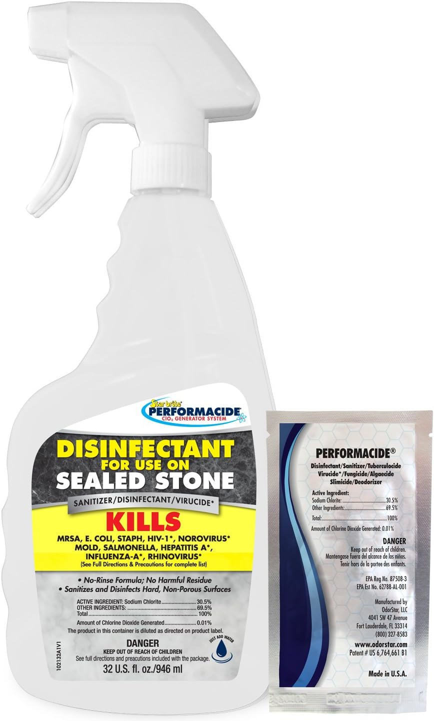 Performacide Disinfectant Kit for Sealed Stone - Kills Human 229E (HCoV-229E), NoroVirus, Influenza-A - 32 Oz. Kit No Rinse, No Wipe, No Residue