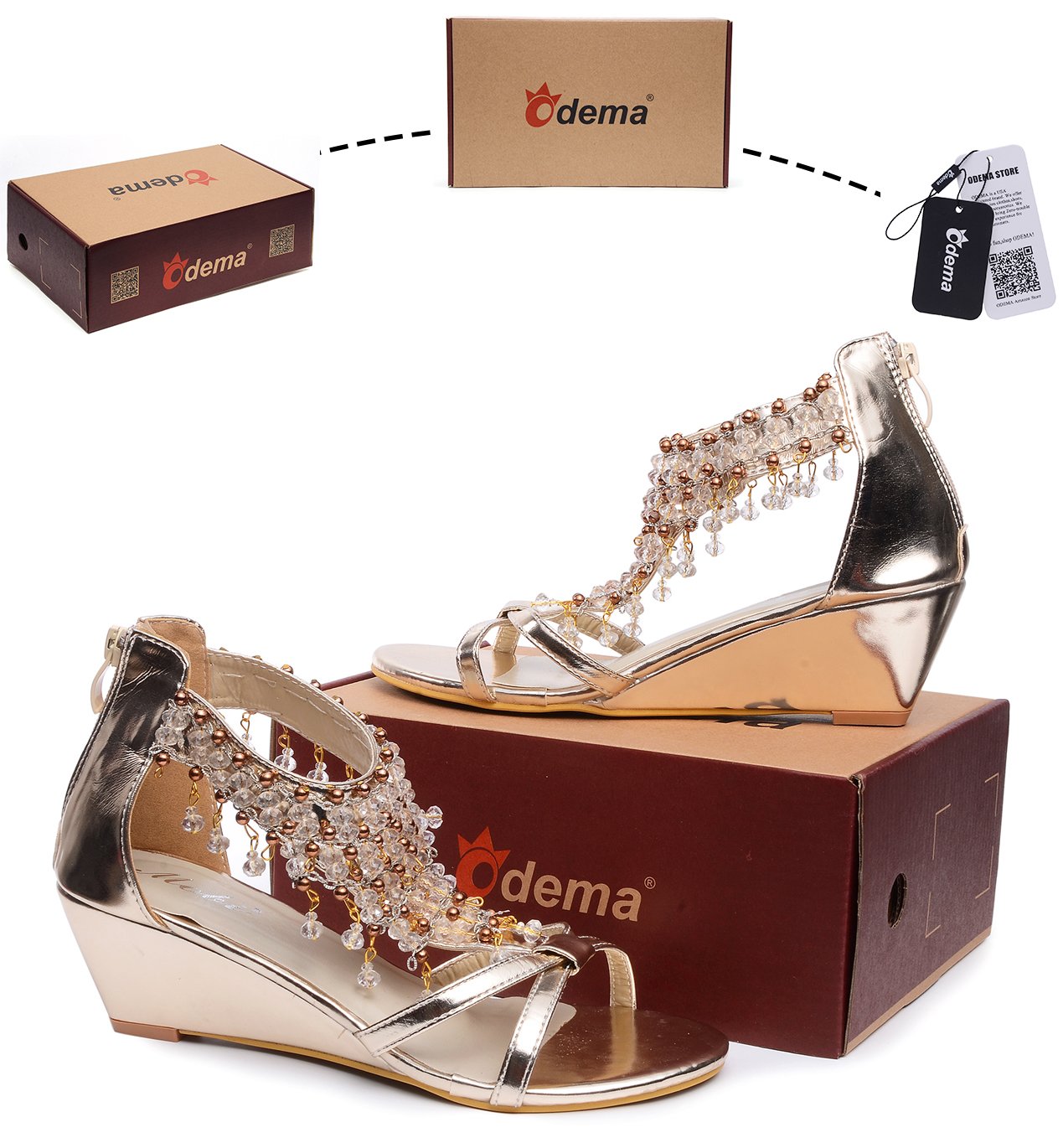 Odema Womens Peep Toe Sandals Glitter Rhinestone Beaded Gladiator Shoes Wedge High Heel Sandals - Image 4