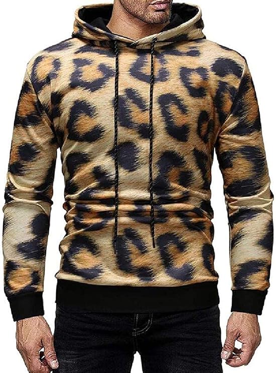 Mens Casual Sport Drawstring Leopard Print Hoodie Hooded Sweatshirt