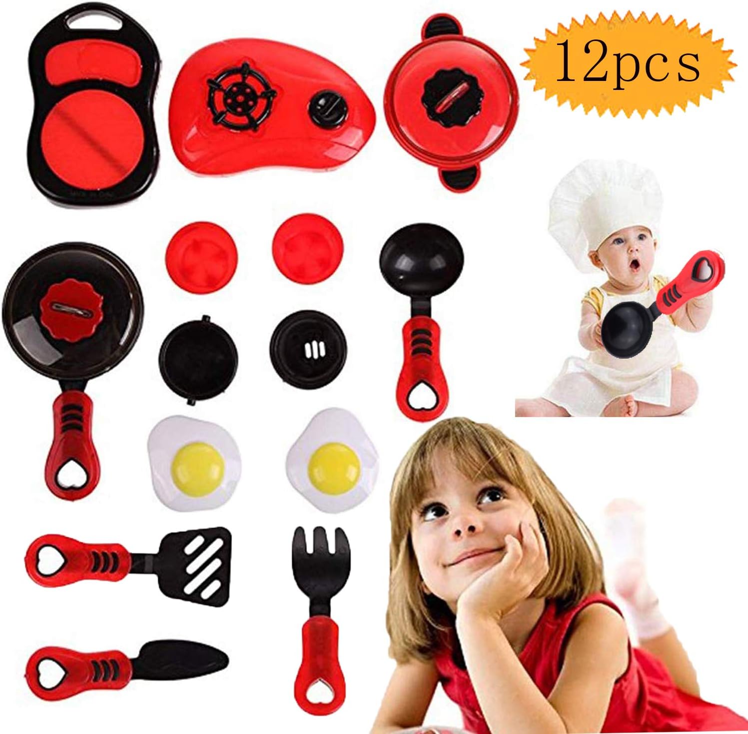 bluesees Child Cooking Toy, 12 Pcs Kids Play Toy Kitchen Cooking Play Sets Home Cooking Role Play Toys Cooking Food Utensils Pans Pots Dishes Cookware Cooking Toy Gift For Kid Pretend Play