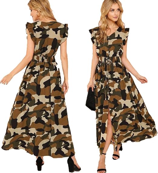 Women Dresses Casual Ruffle Armhole Shirred Waist Split Camo Dress