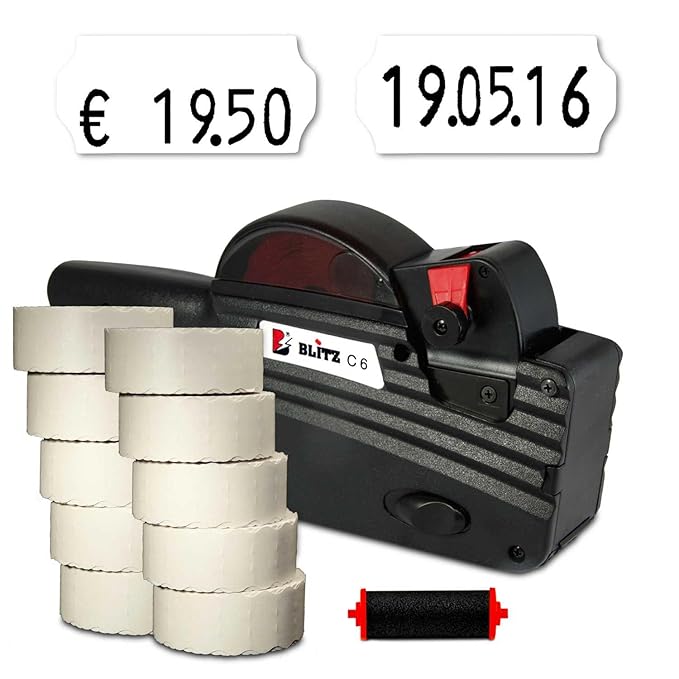 Preisauszeichner Set: Warenauszeichner Blitz C6 für 26x12 inkl. 15.000 HUTNER Preisetiketten weiss permanent + 1 Farbrolle | 