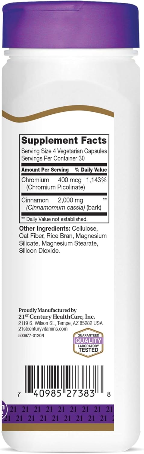 21st Century Cinnamon 2000 mg Per Serving Plus Chromium Vegetarian Capsules 120 count: Health & Personal Care
