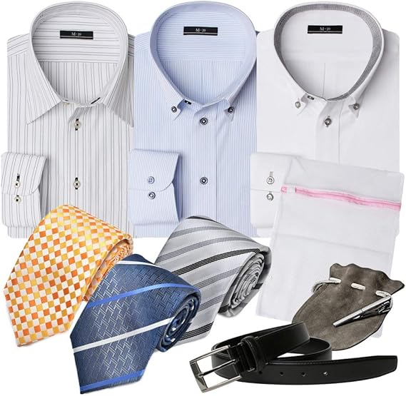 Amazon アトリエサンロクゴ 福袋 9点セット ワイシャツ ネクタイ ベルト タイピン 洗濯ネット イージーケア 形態安定 長袖yシャツ 福袋9点セット メンズ ネクタイ 通販