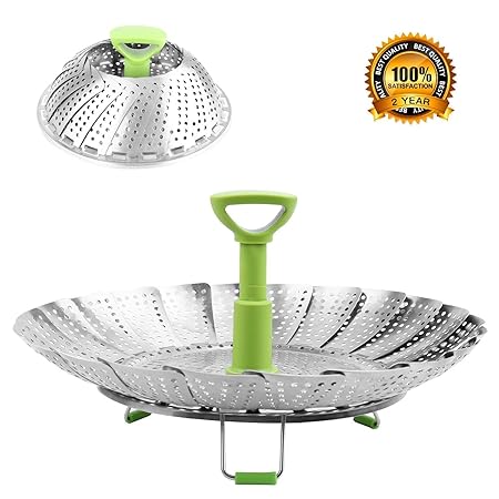BangShou Edelstahl Dampfgarer, Einstellbar Dünsteinsatz mit ausziehbarem Griff für Gemüse und Obst, faltbarer Körbchen rostfr