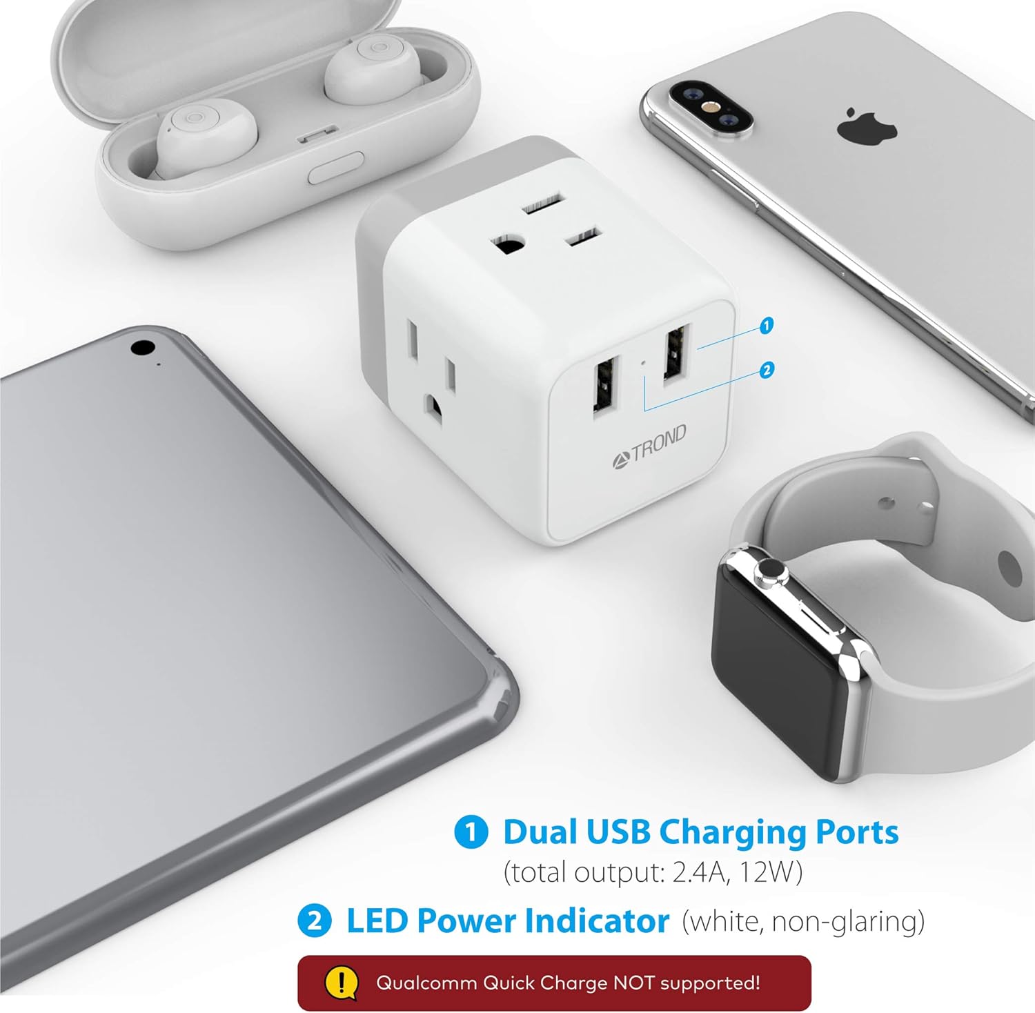 Multi Plug Outlet Extender Box, ETL Listed, TROND Electrical Outlet Expander Splitter with 2 USB Ports, Multiple Outlet Wall Plug 3 Prong Adapter, Power Strip Cube for Bathroom Kitchen Cruise: Electronics