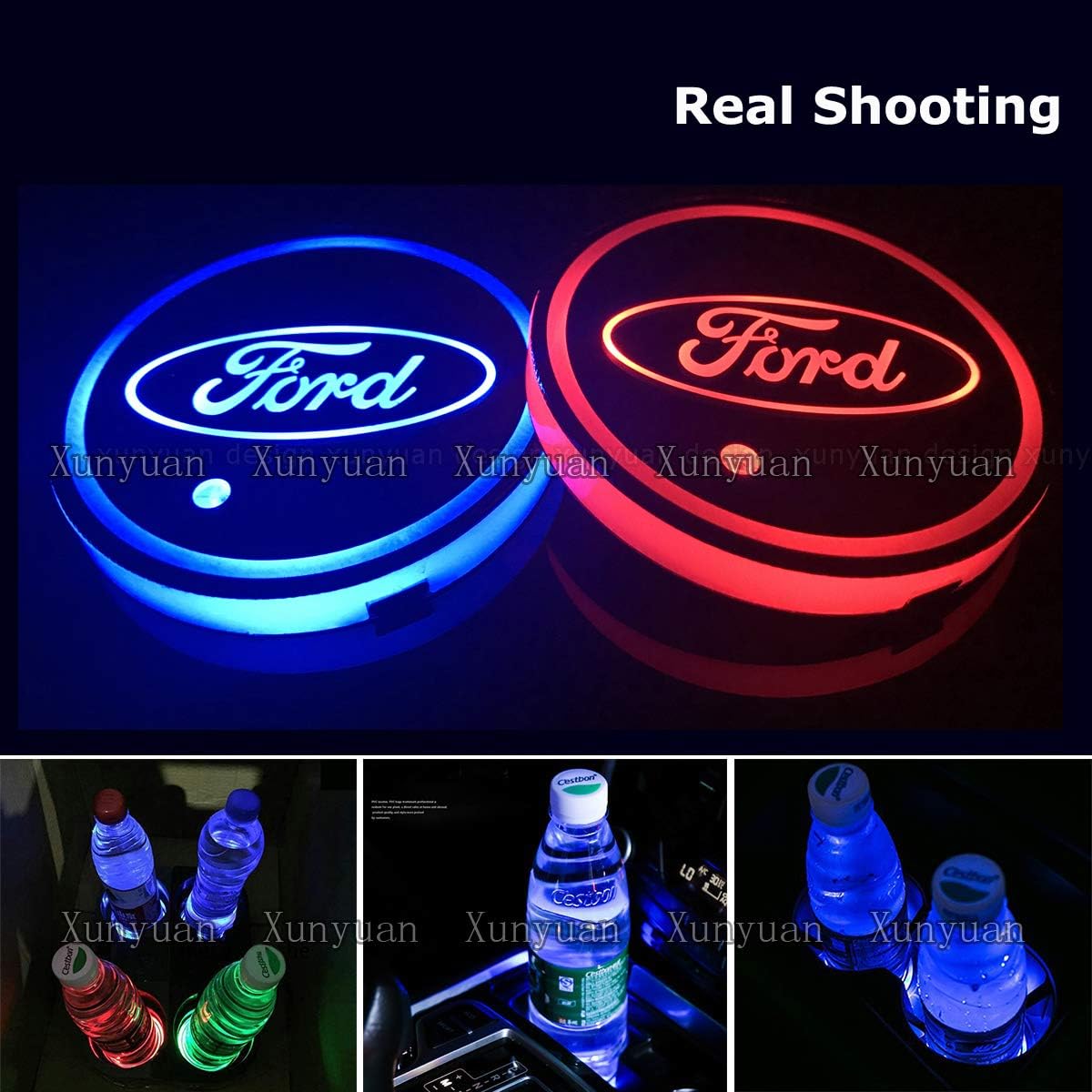 Xunyuan 2 pcs LED Car Logo Cup Holder Lights Coaster USB Charging 7 Colors Changing Auto Luminescent Cup Pad LED Interior Atmosphere Lamp Decoration Lights Accessories