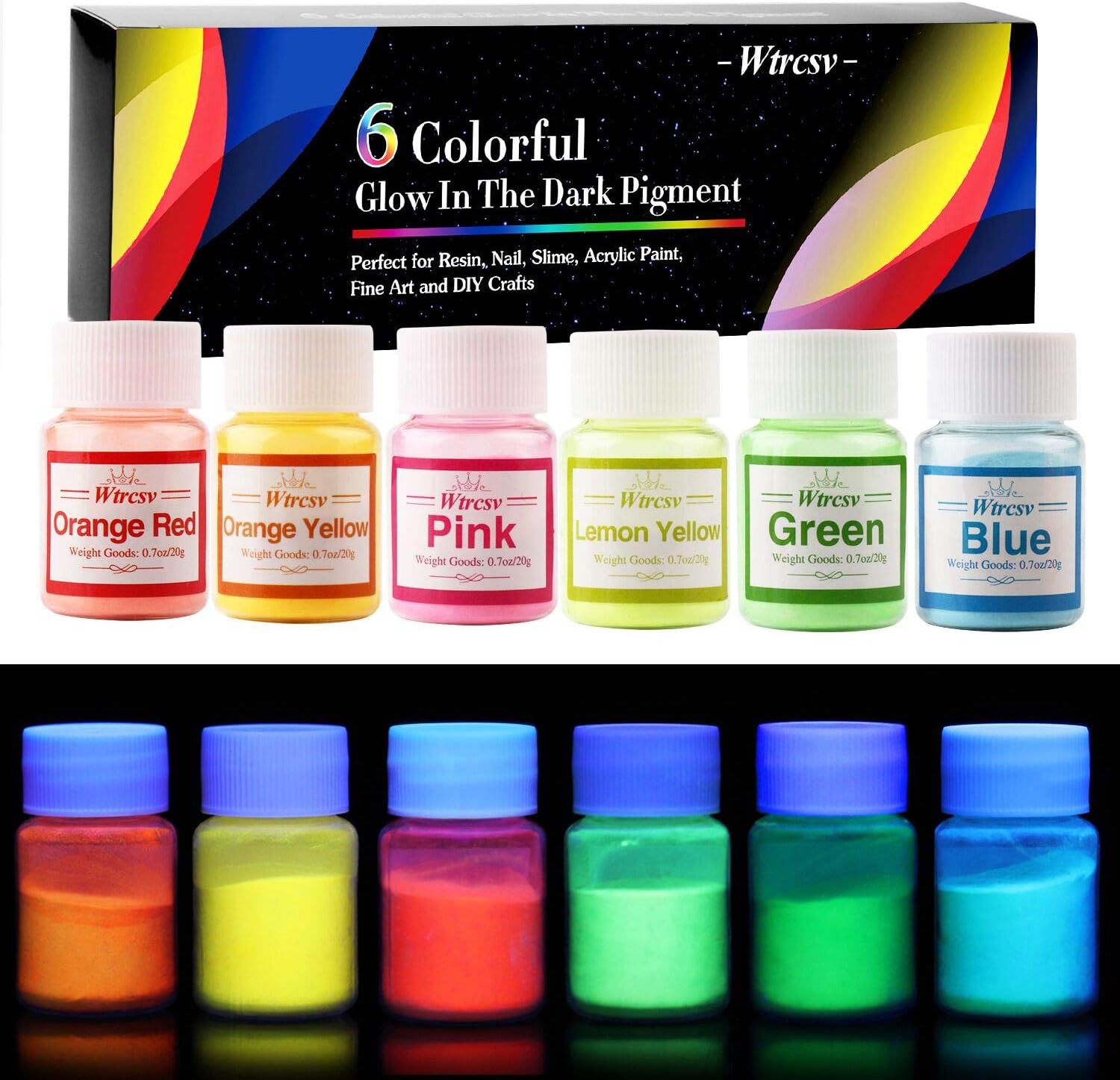 Wtrcsv Neon Night Glow in The Dark Pigment, 6 Color Luminous Powder Pigment for Paint, Slime, Nails, Resin, Concerts or DIY - 20g/bottle (Total 120g)