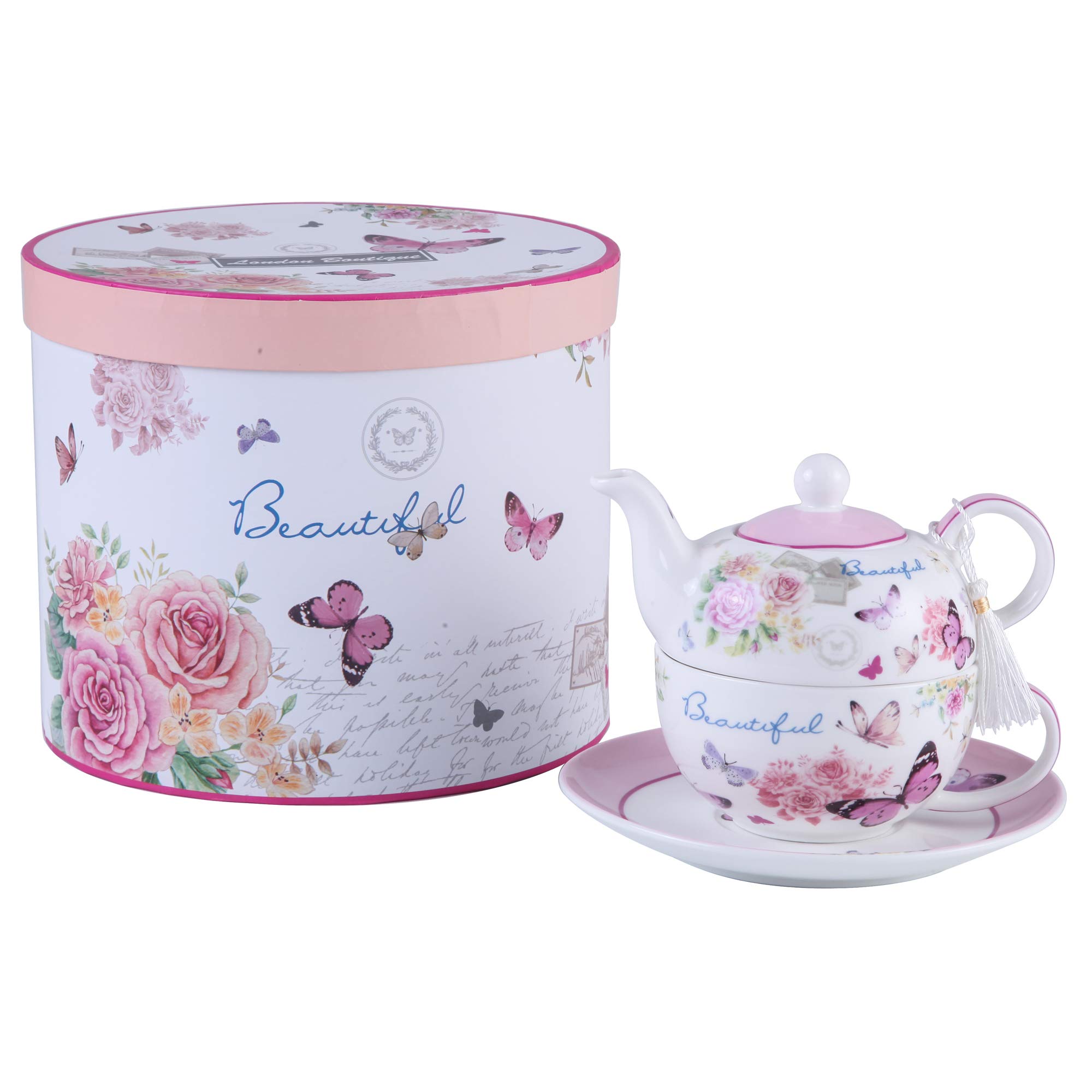 Tea for One Teapot Cup suacer Set Vintage Flora Rose Lavender Porcelain Gift Box (Butterfly Rose)