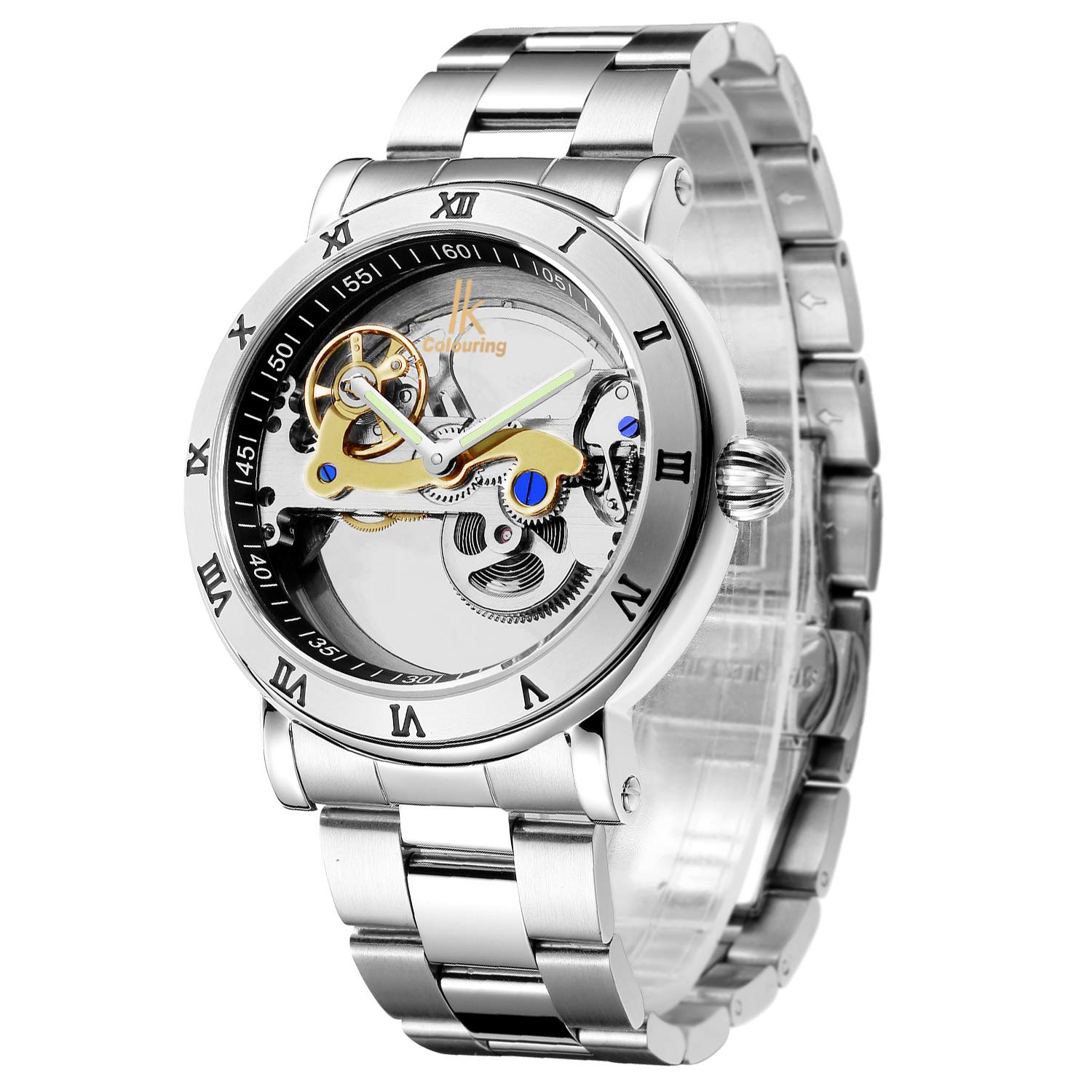 Gute Men's Watches, Mechanical Automatic Self-Winding Waterproof Watch, Luxury See Through Hollow-Out Minimalist Transparent Steampunk Roman Numerals Silver Case Wrist Watch