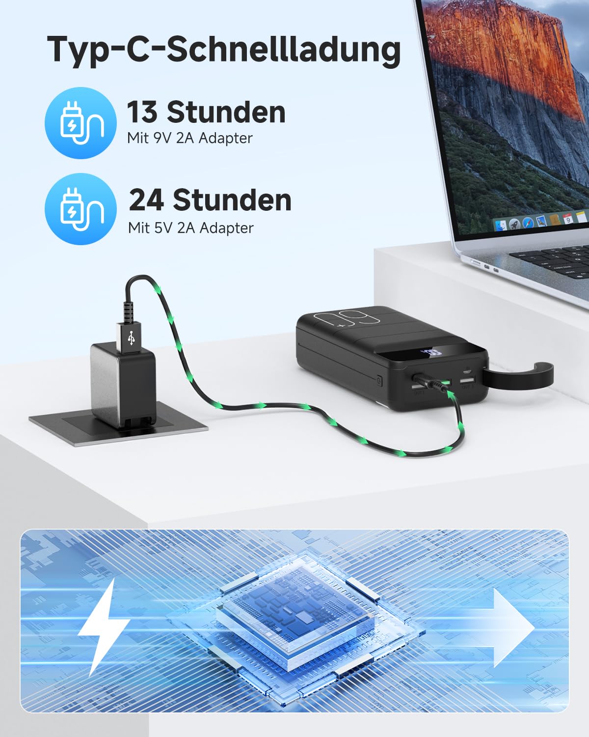 Powerbank 60000mAh, 22,5W PD USB-C Schnellladegerät, Externer Akku mit LED-Anzeige, Power Bank 4 Ausgängen und 2 Eingängen, kompatibel mit iPhone, Tablets, Android und mehr Schwarz 7