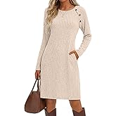 JoyMotion Women's Long Sleeve Loose Sweater Dress Crew Neck Knit Dress with Pocket Ribbed Button Side Fall Casual Tunic Top