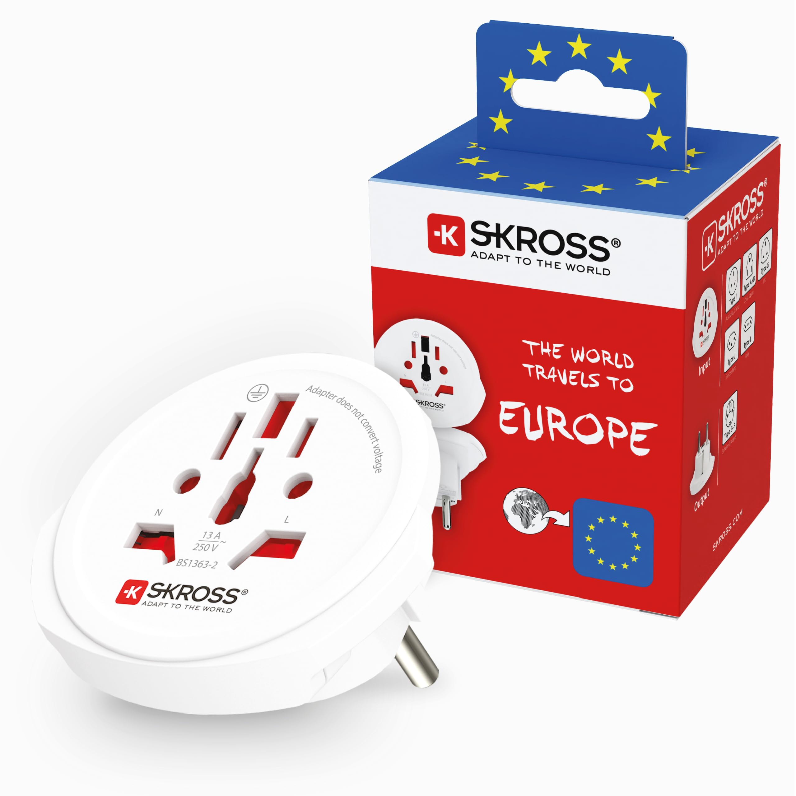 SKROSS Country Travel Adapter - World to Europe, Universal Plug Adapter for European Sockets, Swiss-Engineered Power Adapter (White) — image 1