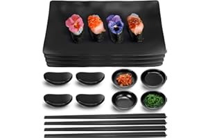 16 PCS Japanese Style Sushi Plate Set, Melamine Sushi Serving Set for Four, 4 Sushi Plates 4 Sauce Bowls 4 Pair of Chopsticks
