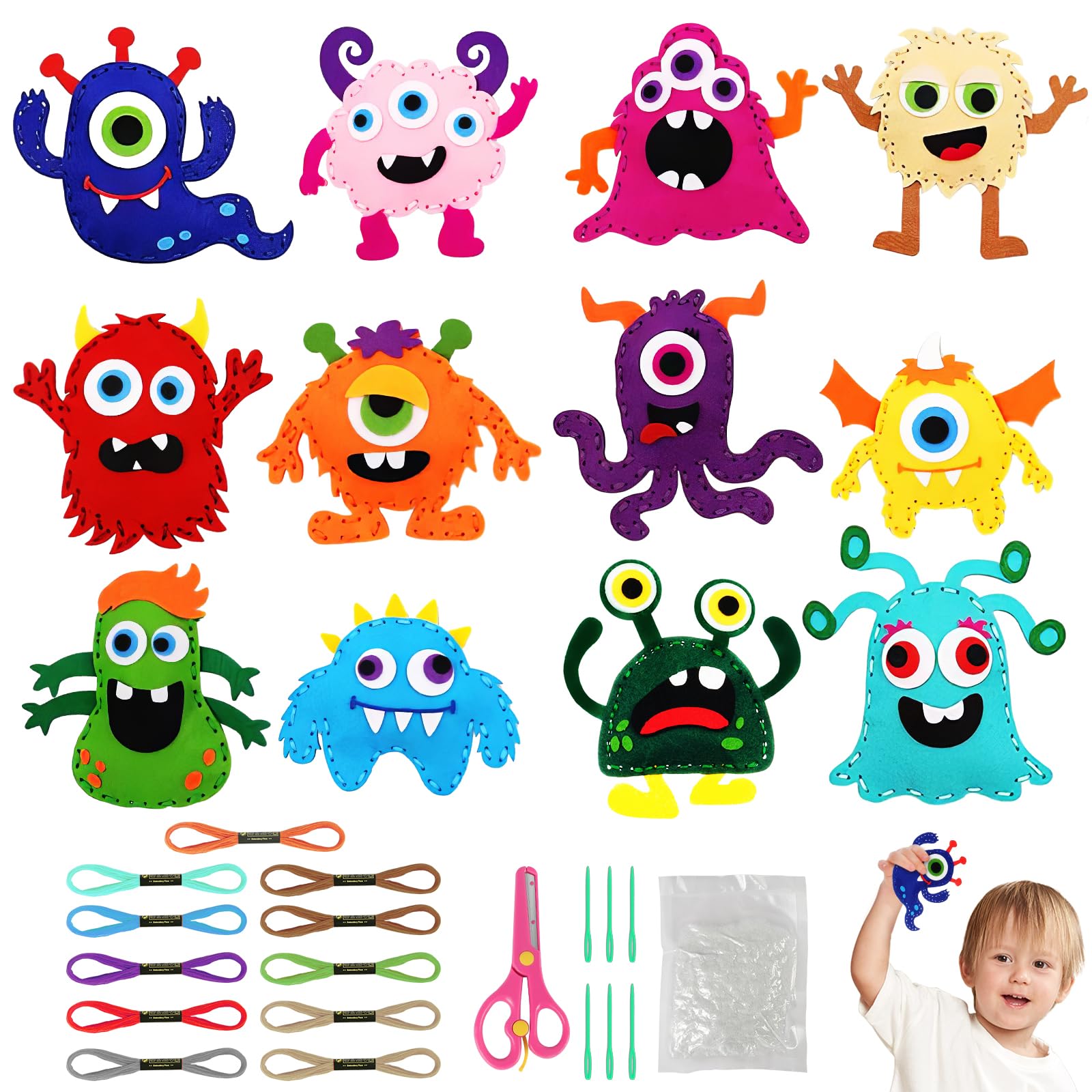 Vicloon Sewing Kit for Kids, 12-Piece Monster Sewing Craft Kits, Fun Stuffed Animal DIY Kits for Kid Learn to Sew Arts and Crafts Kit, Introduction to Sewing Set for Kids Age 5-12