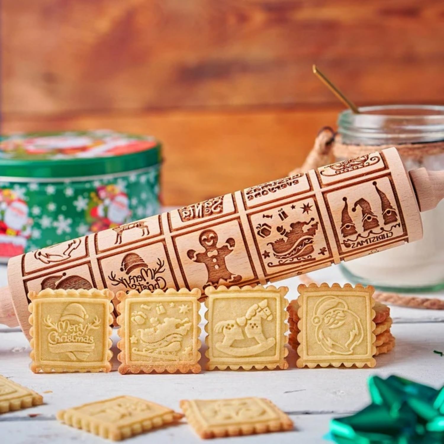 HEKOBAG Christmas Wooden Rolling Pin, Baking Embossed Pins with Deep Engraved Patterns - DIY Cookie Press Featuring Festive Elements with Christmas Elements Pattern for Baking Embossed Cookies