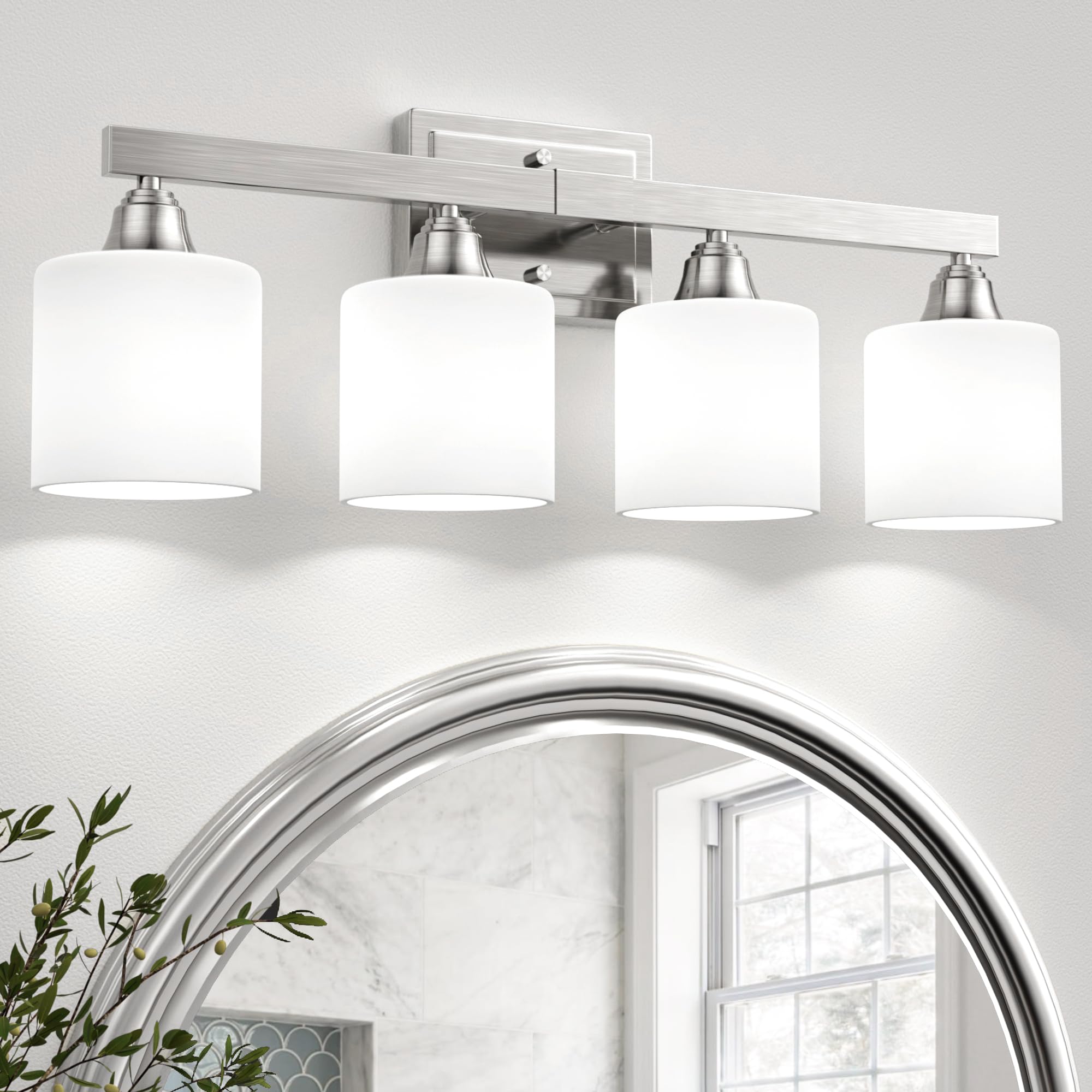 Photo 1 of VOLISUN Brushed Nickel Bathroom Light Fixtures, 4-Light Bathroom Vanity Lights Over Mirror, Modern Vanity Light for Bathrooms, Bathrooms Lights Fixtures Over Mirror with Milky White Glass Shades