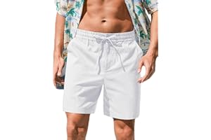 RQP Mens Cotton Linen Shorts Casual Drawstring 7inch Inseam Shorts Stretch Summer Beach Wear