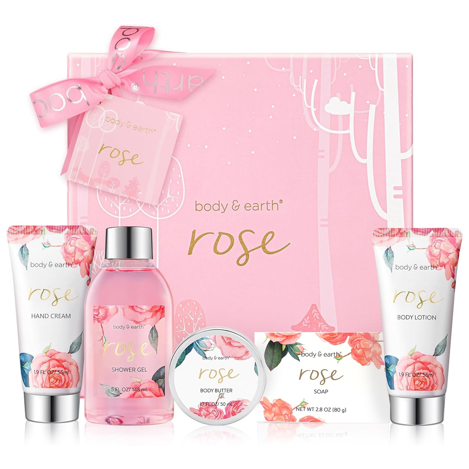 BODY & EARTH Bath Spa Women Gift Set 5 Pcs Rose Gifts Sets Box for Her Pamper Gift for Womens with Soap Shower Gel, Body Lotion Mothers Day Gifts Christmas Valentine Gifts for Women — image 1