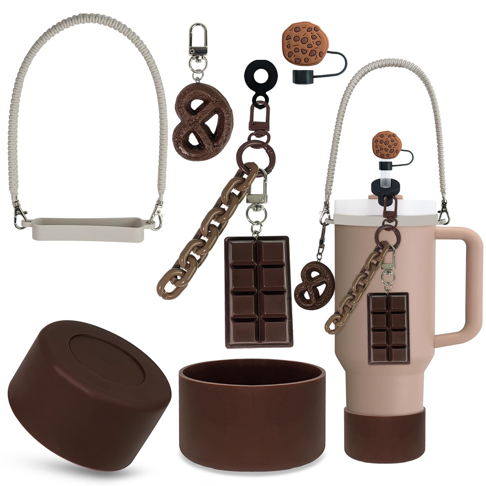 Photo 1 of **MISSING PIECES** VirgoCCY 5PCS Chocolate Stanley Cup Accessories Set 30&40 Oz, Includes 1 Silicone Boot, 1 Handle Strap, 1 Straw Covers, 2 Cute Charms, Brown/Chocolate