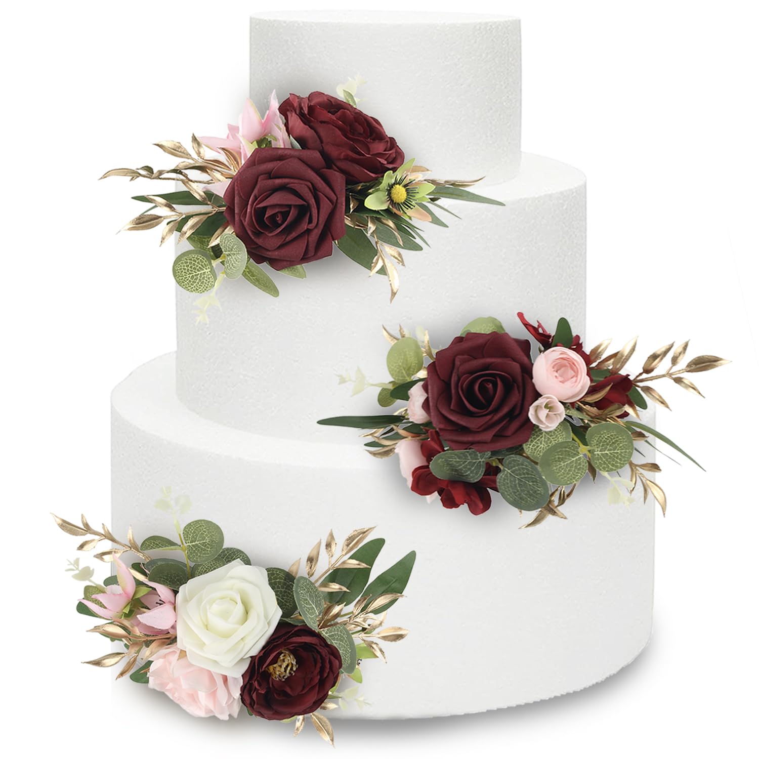 Photo 1 of Rinlong Pre-made 3Pcs Cake Toppers Burgundy Flowers Cake Decorations Wedding Cake Decorating Flowers Decor Birthday Baby Shower Party Christening Christmas Cake Toppers
