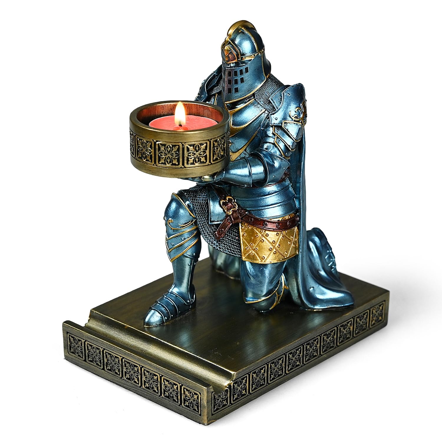 HDMbigmi King's Guard Kneeling Knight Candlestick Holders Resin Posture TeaLight Holder Warrior Mobile Phone Stand Pen Holder Candle Holder for Restaurant, Altar, Home Table(Blue)