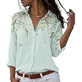 lomaiiest Womens Shirts Fashion Loose 3/4 Sleeve Summer V Neck Button up Color Block Floral Blouse Casual Tops and T Shirts