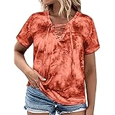 VISLILY Womens-Plus-Size-Summer-Tops Casual Lace Up Front T Shirts Tie Dye V Neck Tees Trendy Short Sleeve Tunics XL-5XL
